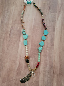 Long Turquoise Necklace with Silver Feather