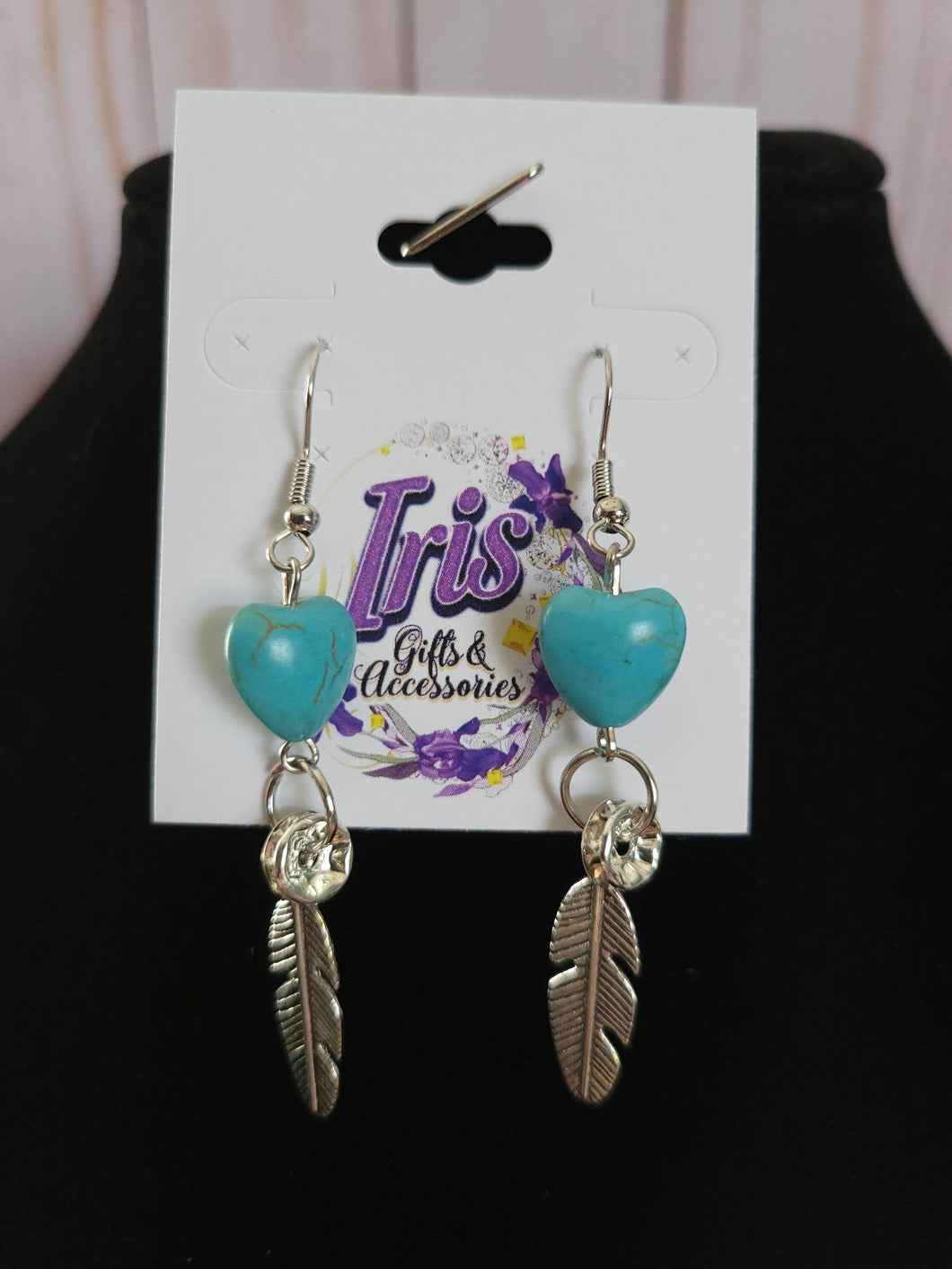 Silver Feather & Turquoise Cracke Stone Heart Fishhook Earrings