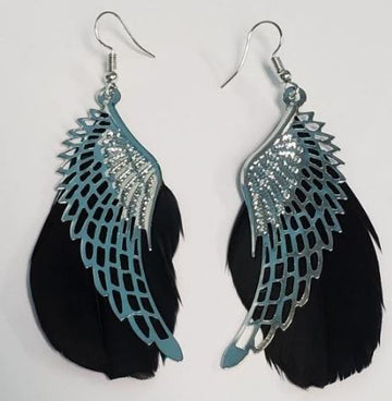 Silver Wing with Black Feather Earrings