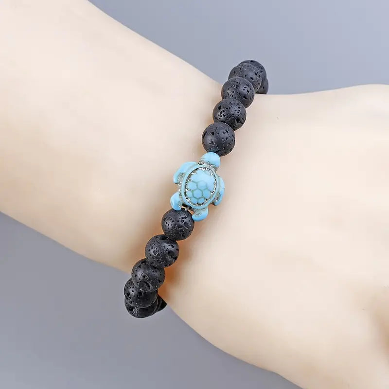 Vintage Turquoise Stone Charm Sea Turtle Bracelet Lava Stone Beaded Bracelet