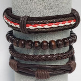 Brown Leather Red &White Wood Bead Bracelet